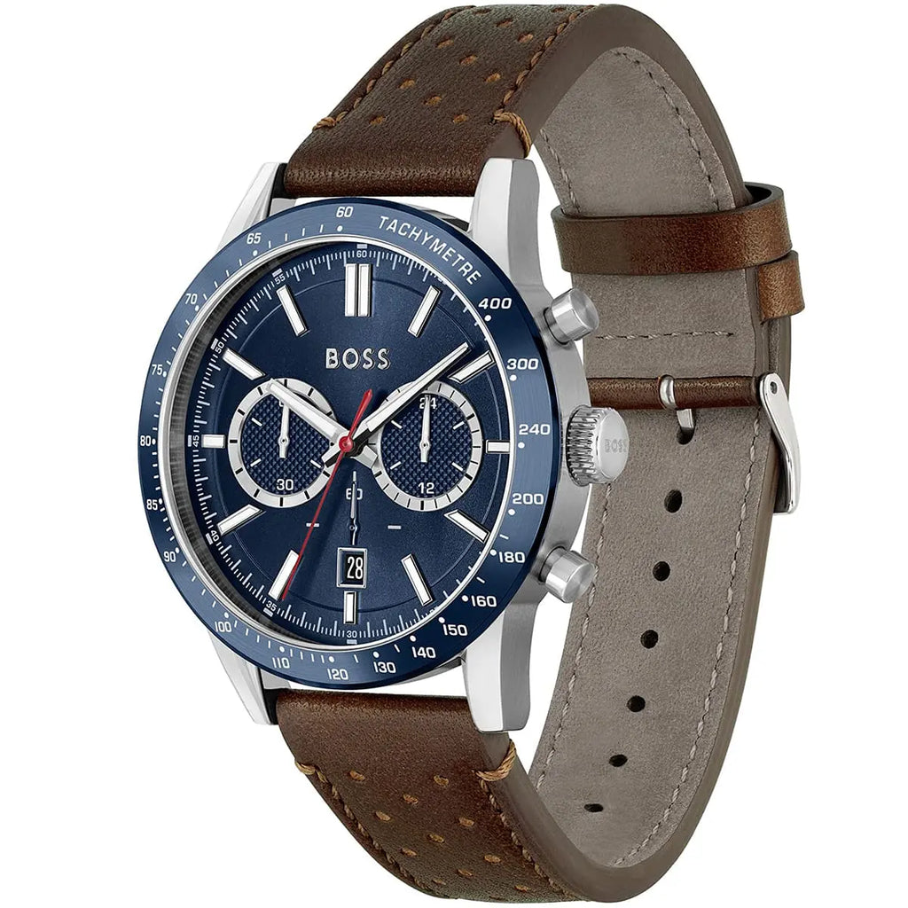 Hugo Boss Allure 1513921 Silver Case Blue Dial Brown Leather Men's Watch
