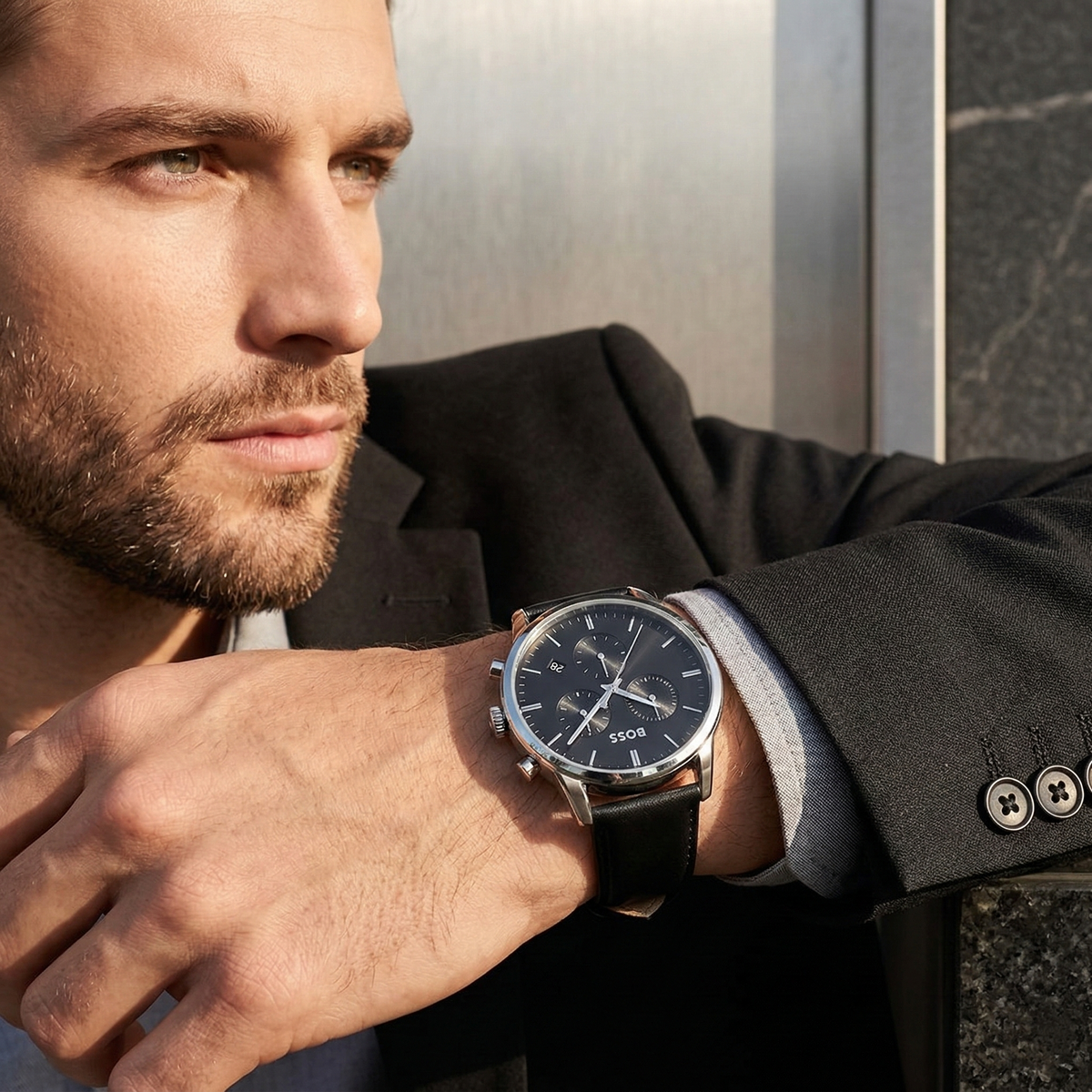 Hugo Boss Dapper 1513925 Silver Case Black Dial Black Leather Men's Watch