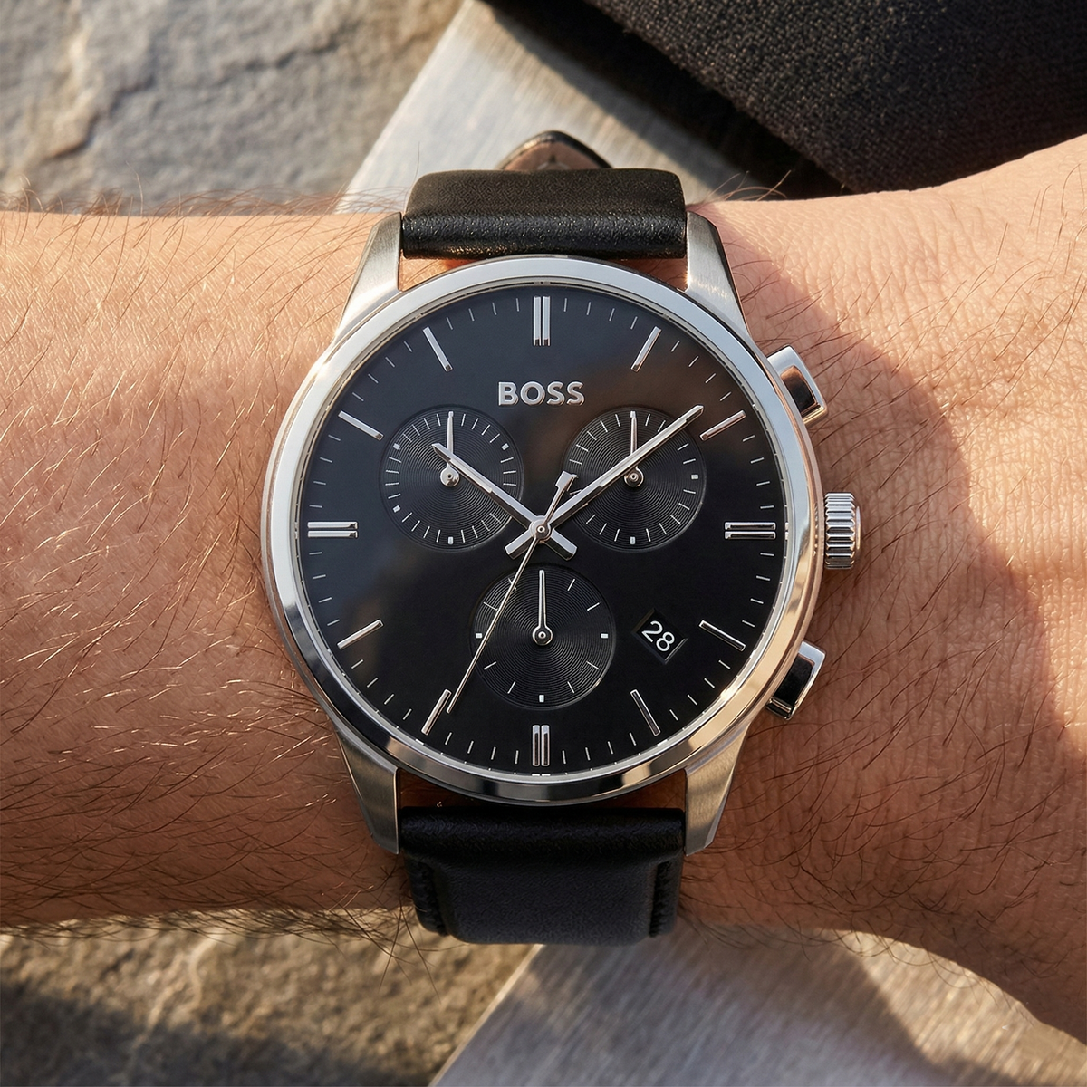 Hugo Boss Dapper 1513925 Silver Case Black Dial Black Leather Men's Watch