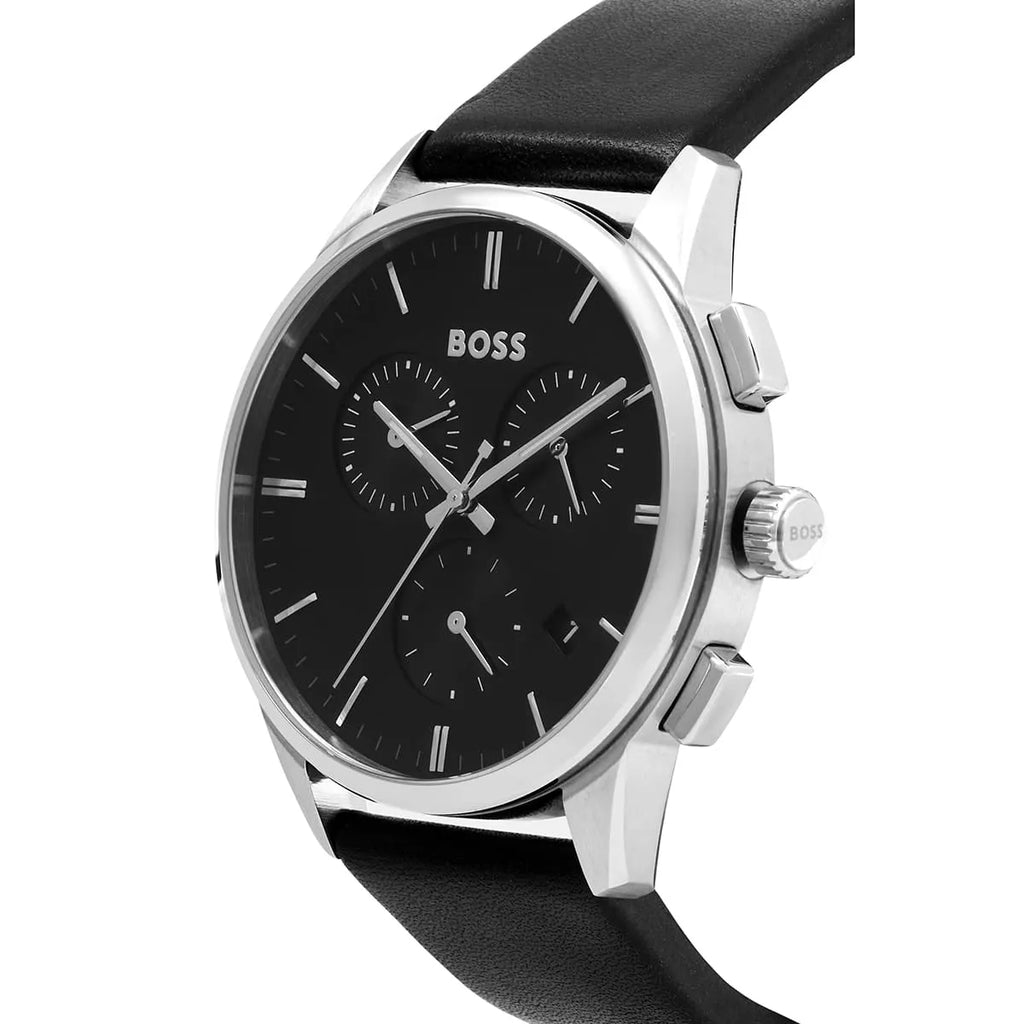 Hugo Boss Dapper 1513925 Silver Case Black Dial Black Leather Men's Watch