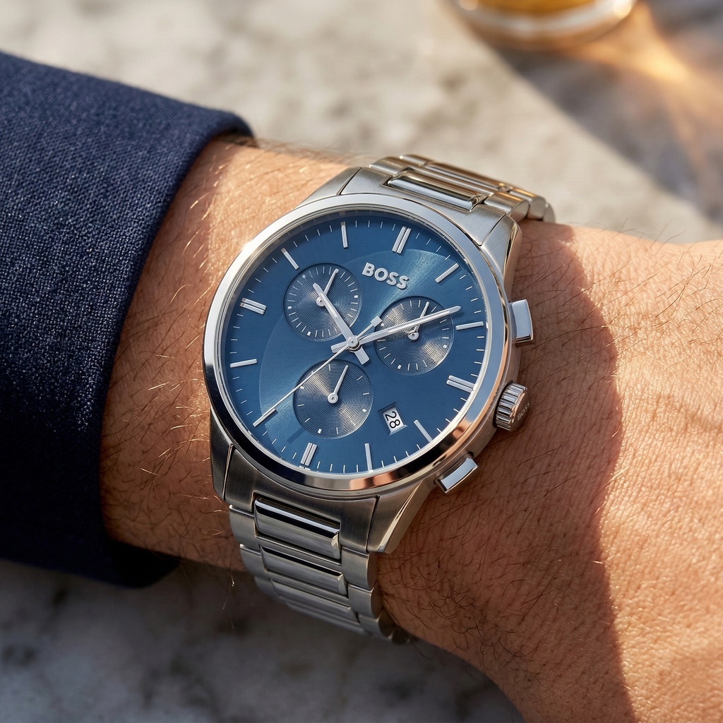 Hugo Boss Dapper 1513927 Silver Case Blue Dial Silver Metal Link Men's Watch