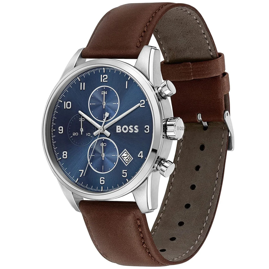 Hugo Boss Skymaster 1513940 Silver Case Blue Dial Brown Leather Men's Watch