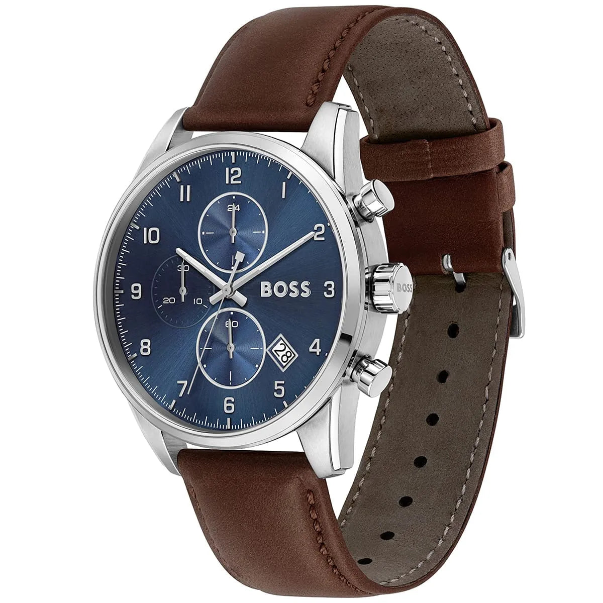 Hugo Boss Skymaster 1513940 Silver Case Blue Dial Brown Leather Men's Watch