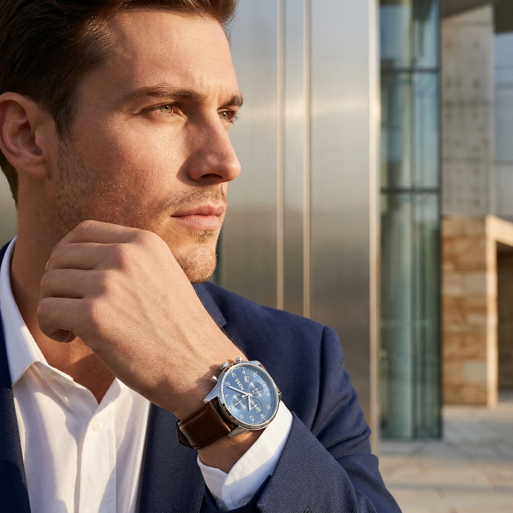Hugo Boss Skymaster 1513940 Silver Case Blue Dial Brown Leather Men's Watch