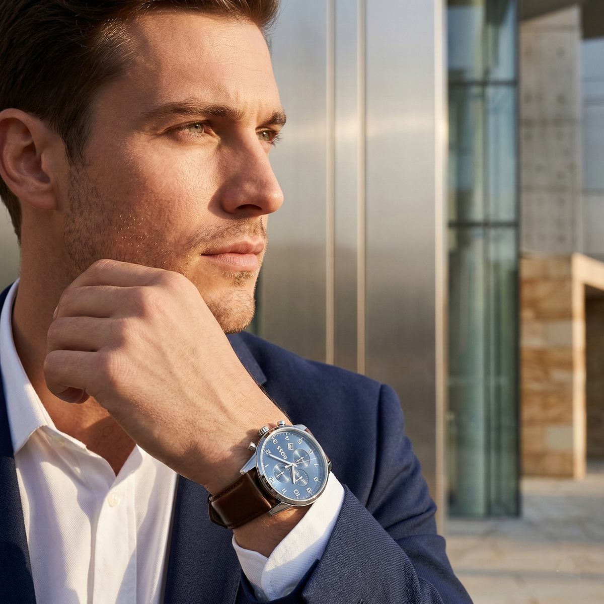 Hugo Boss Skymaster 1513940 Silver Case Blue Dial Brown Leather Men's Watch