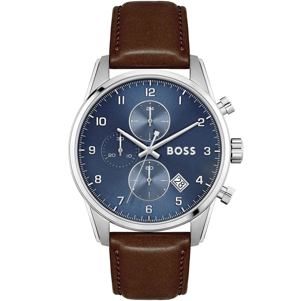 Hugo Boss Skymaster 1513940 Silver Case Blue Dial Brown Leather Men's Watch