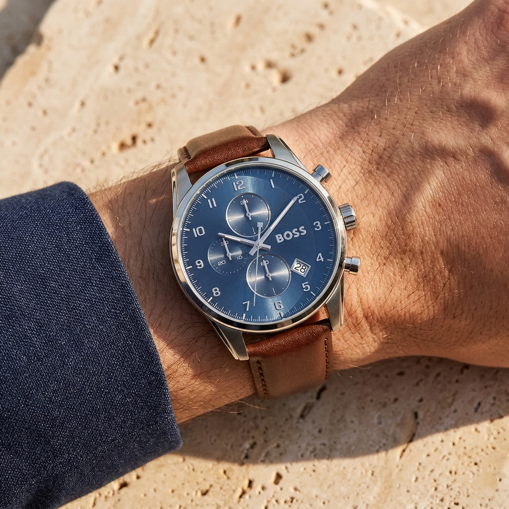 Hugo Boss Skymaster 1513940 Silver Case Blue Dial Brown Leather Men's Watch