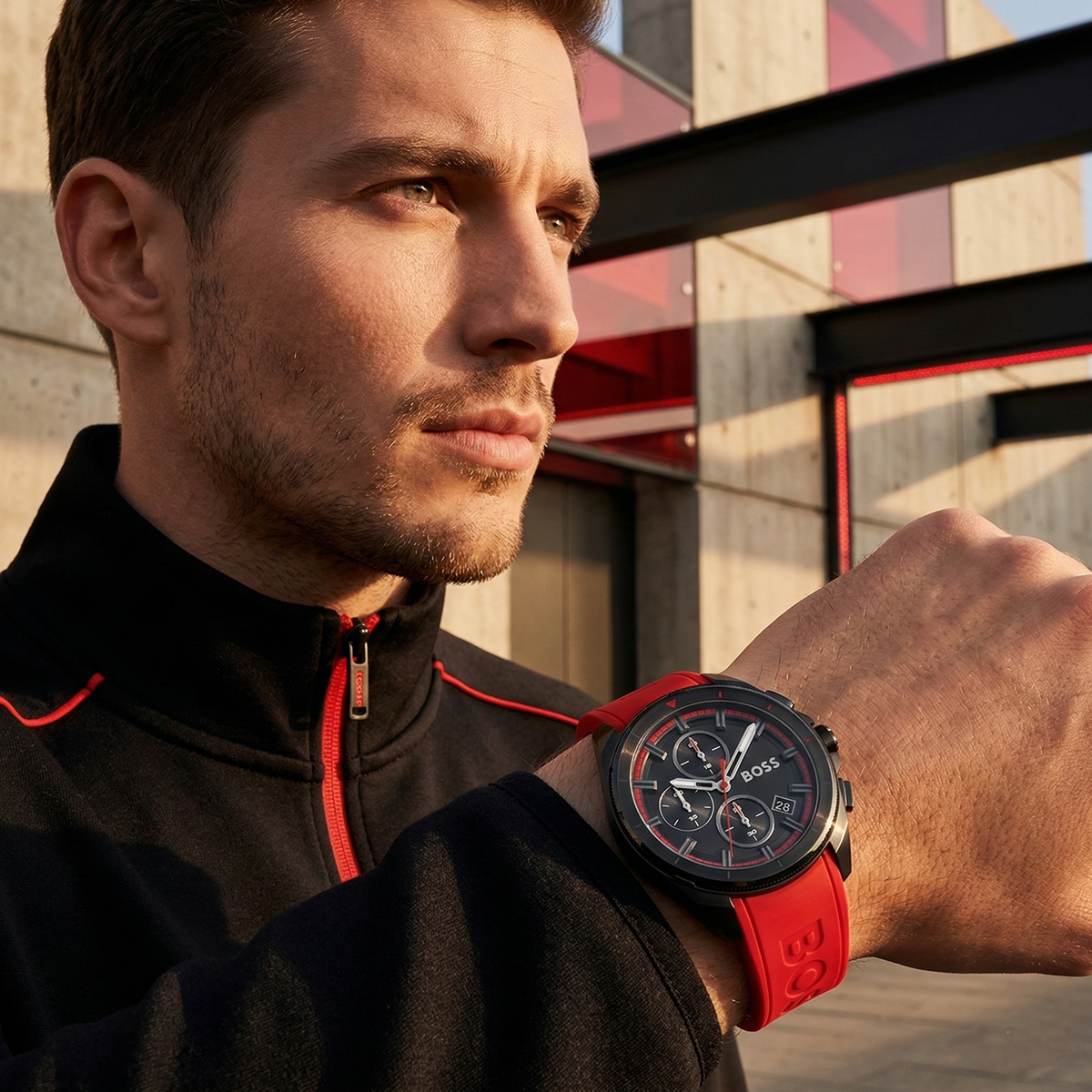 Hugo Boss Volane 1513959 Black Case Black Dial Red Rubber Strap Men's Watch