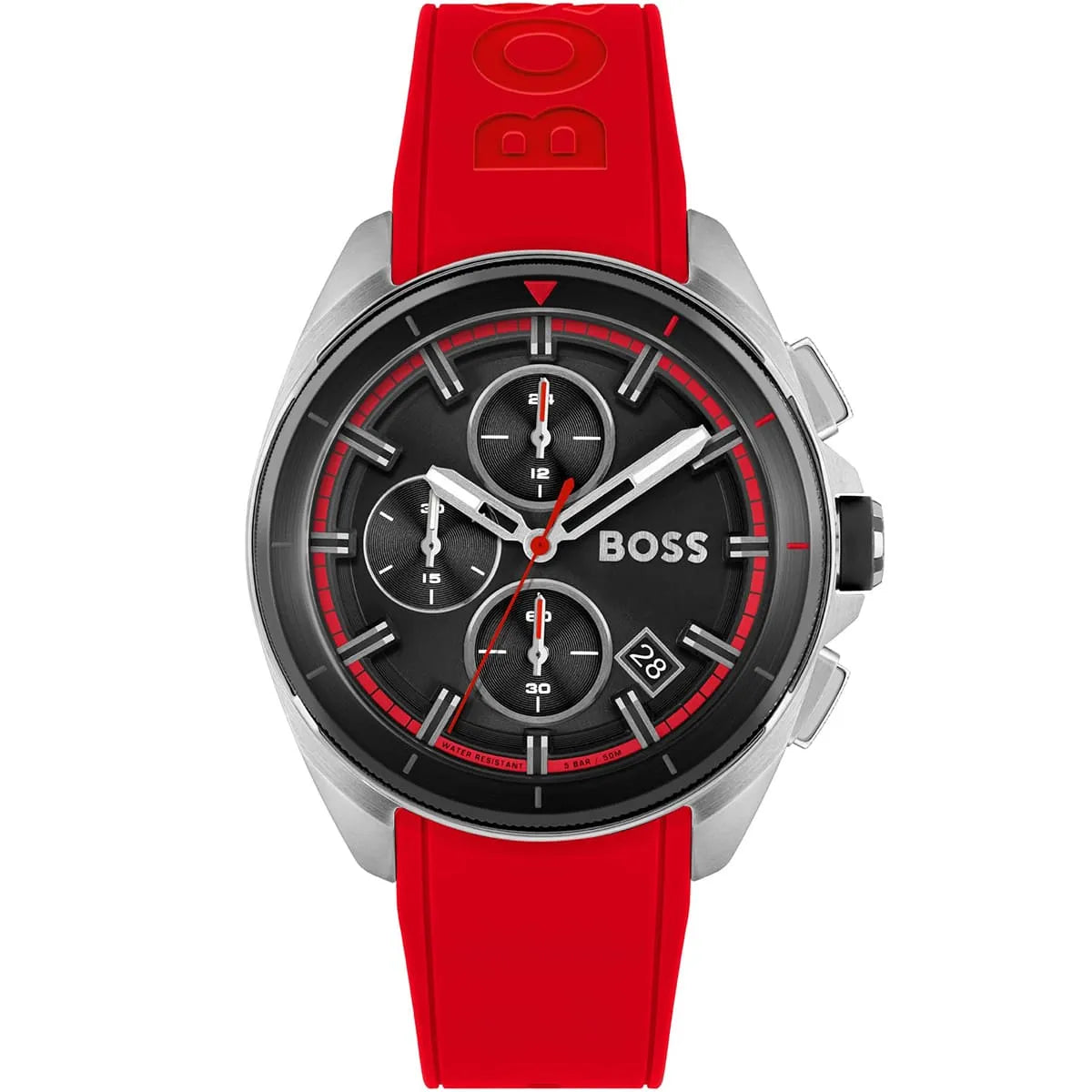 Hugo Boss Volane 1513959 Black Case Black Dial Red Rubber Strap Men's Watch