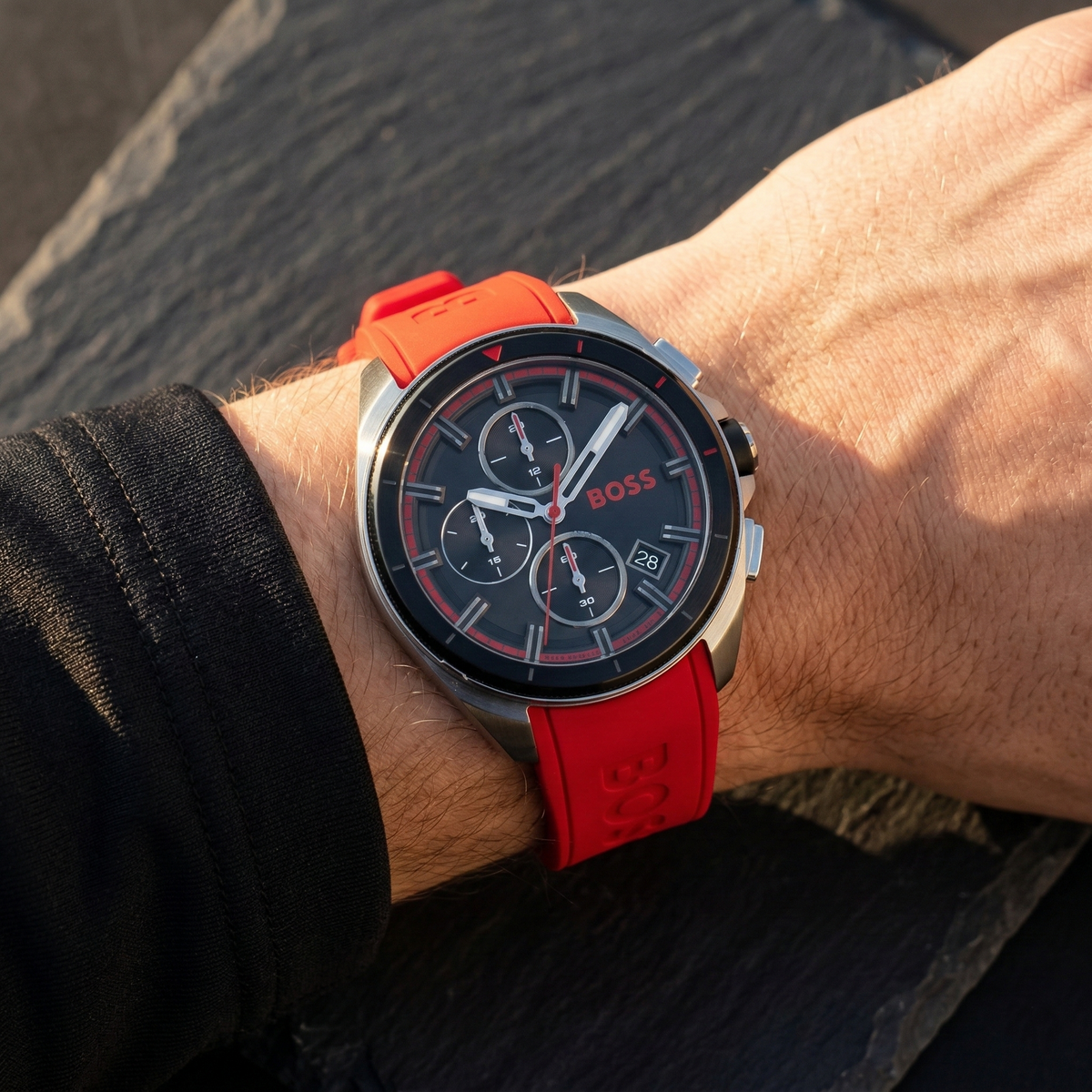 Hugo Boss Volane 1513959 Black Case Black Dial Red Rubber Strap Men's Watch