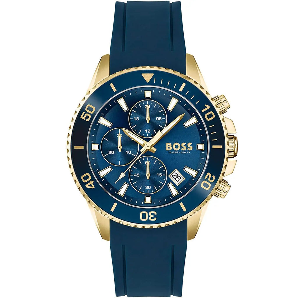 ساعة هوغو بوس أدميرال 1513965 للرجال بهيكل فضي ومينا أزرق وسوار مطاطي أزرق