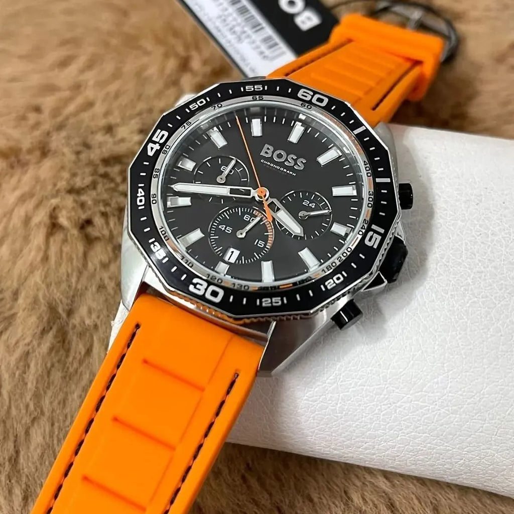 Hugo Boss Energy 1513970 Silver Case Black Dial Orange Rubber Men's Watch