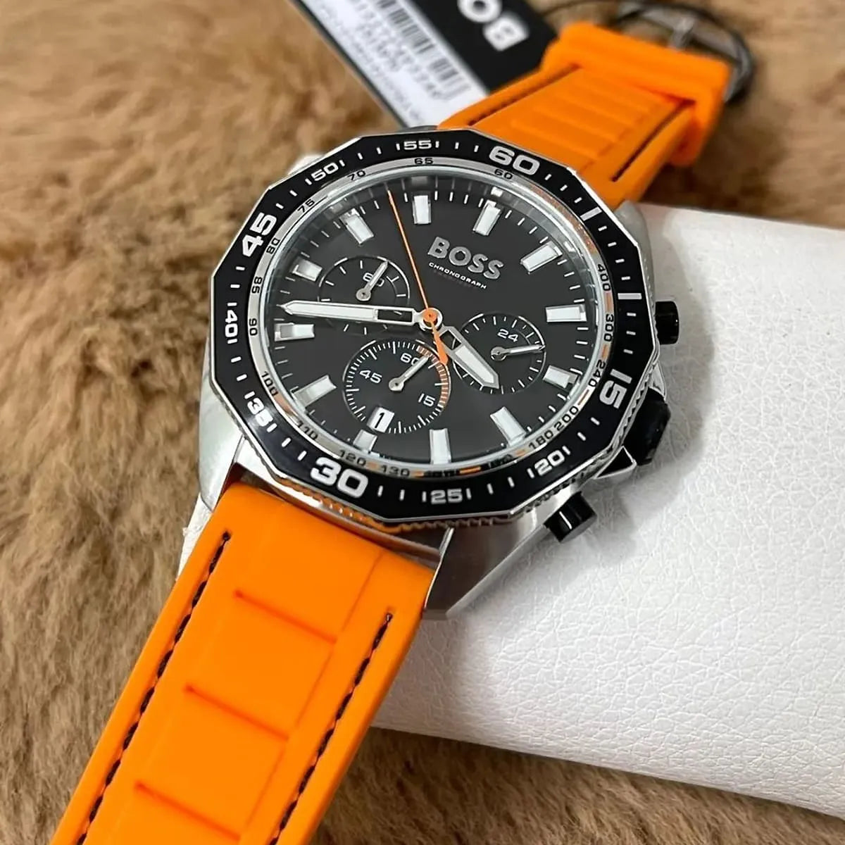 Hugo Boss Energy 1513970 Silver Case Black Dial Orange Rubber Men's Watch