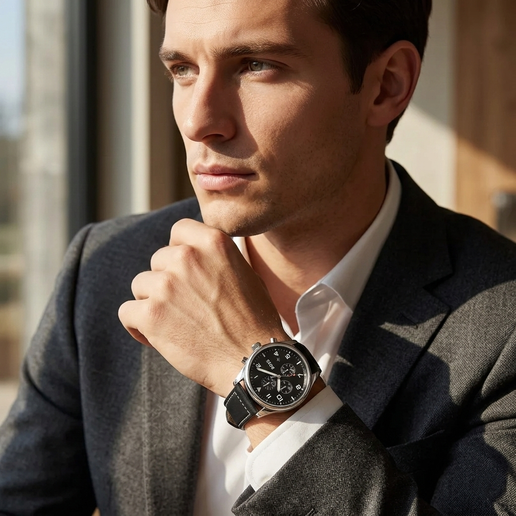 Hugo Boss View 1513987 Silver Case Black Dial Black Leather Men's Watch