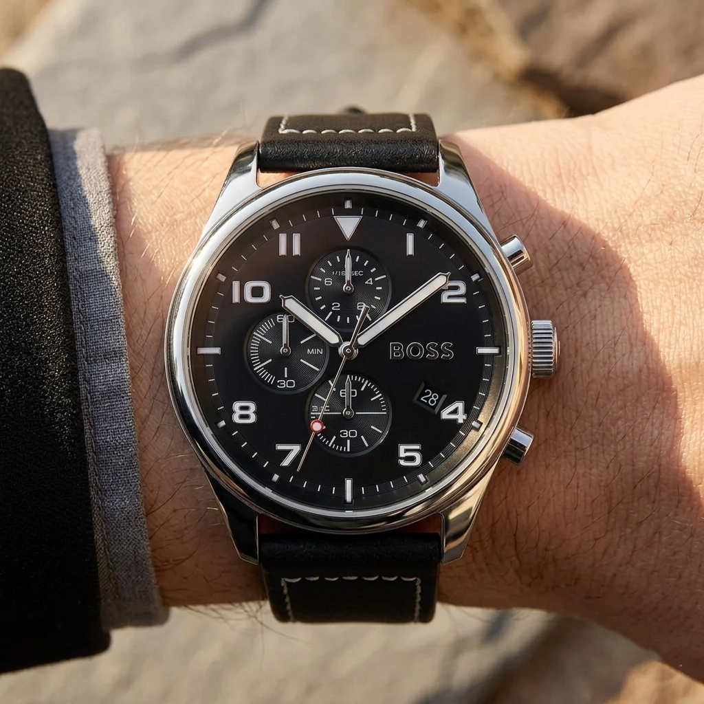 Hugo Boss View 1513987 Silver Case Black Dial Black Leather Men's Watch