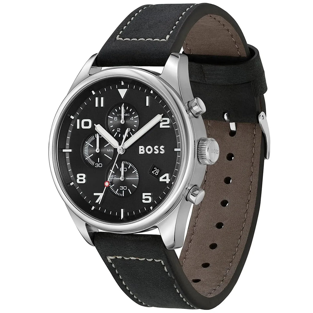 Hugo Boss View 1513987 Silver Case Black Dial Black Leather Men's Watch