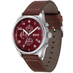 Hugo Boss View 1513988 Silver Case Red Dial Brown Leather Strap Men's Watch