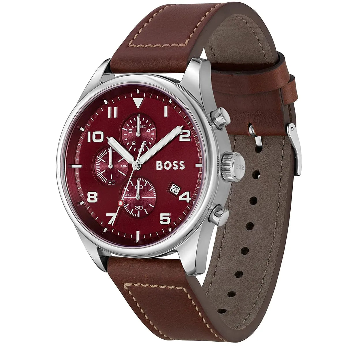 Hugo Boss View 1513988 Silver Case Red Dial Brown Leather Strap Men's Watch
