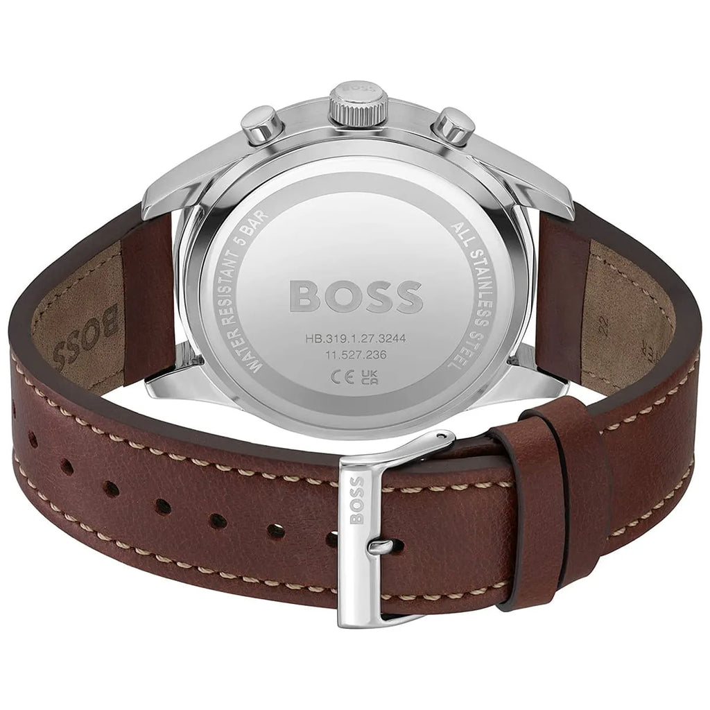 Hugo Boss View 1513988 Silver Case Red Dial Brown Leather Strap Men's Watch