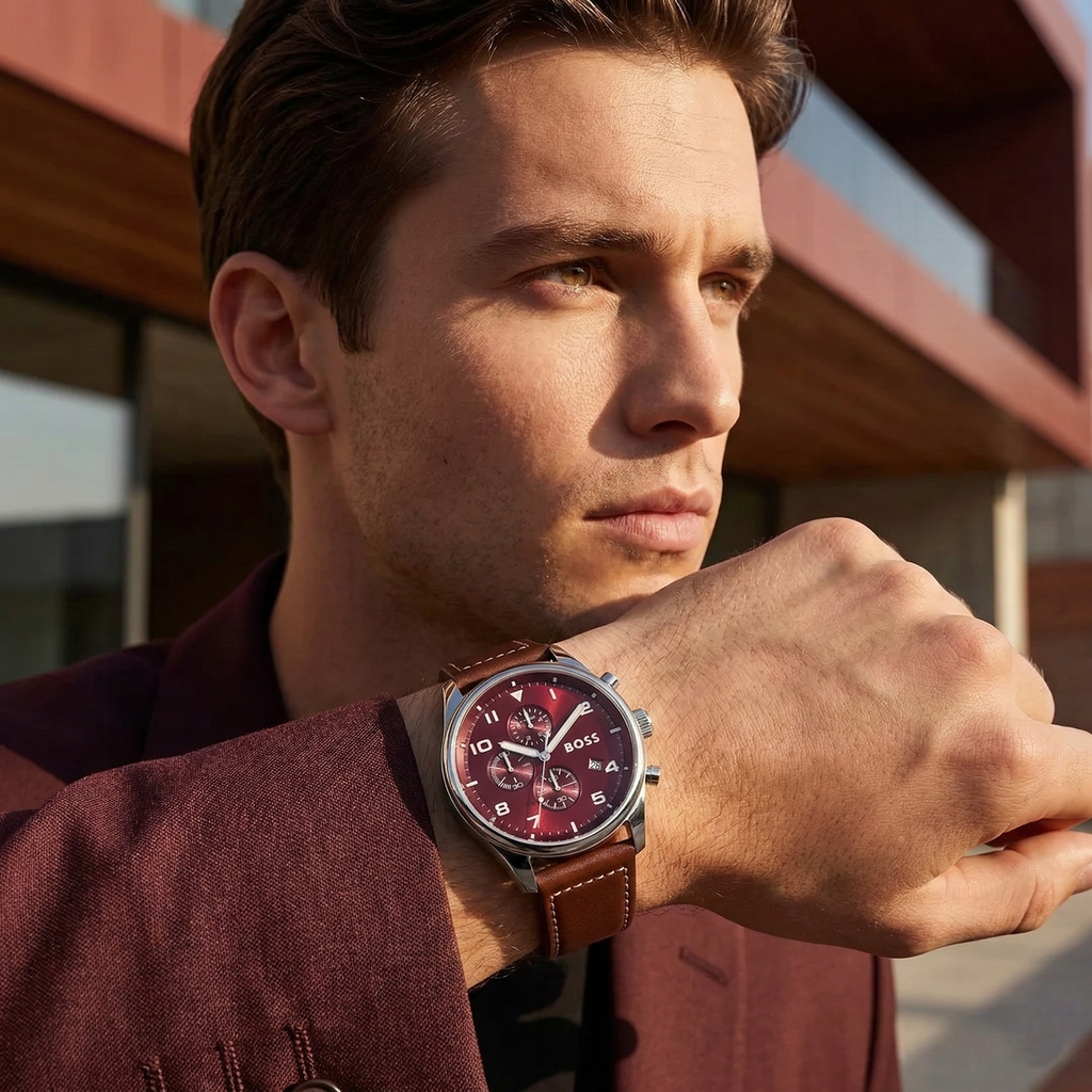 Hugo Boss View 1513988 Silver Case Red Dial Brown Leather Strap Men's Watch