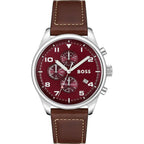 Hugo Boss View 1513988 Silver Case Red Dial Brown Leather Strap Men's Watch