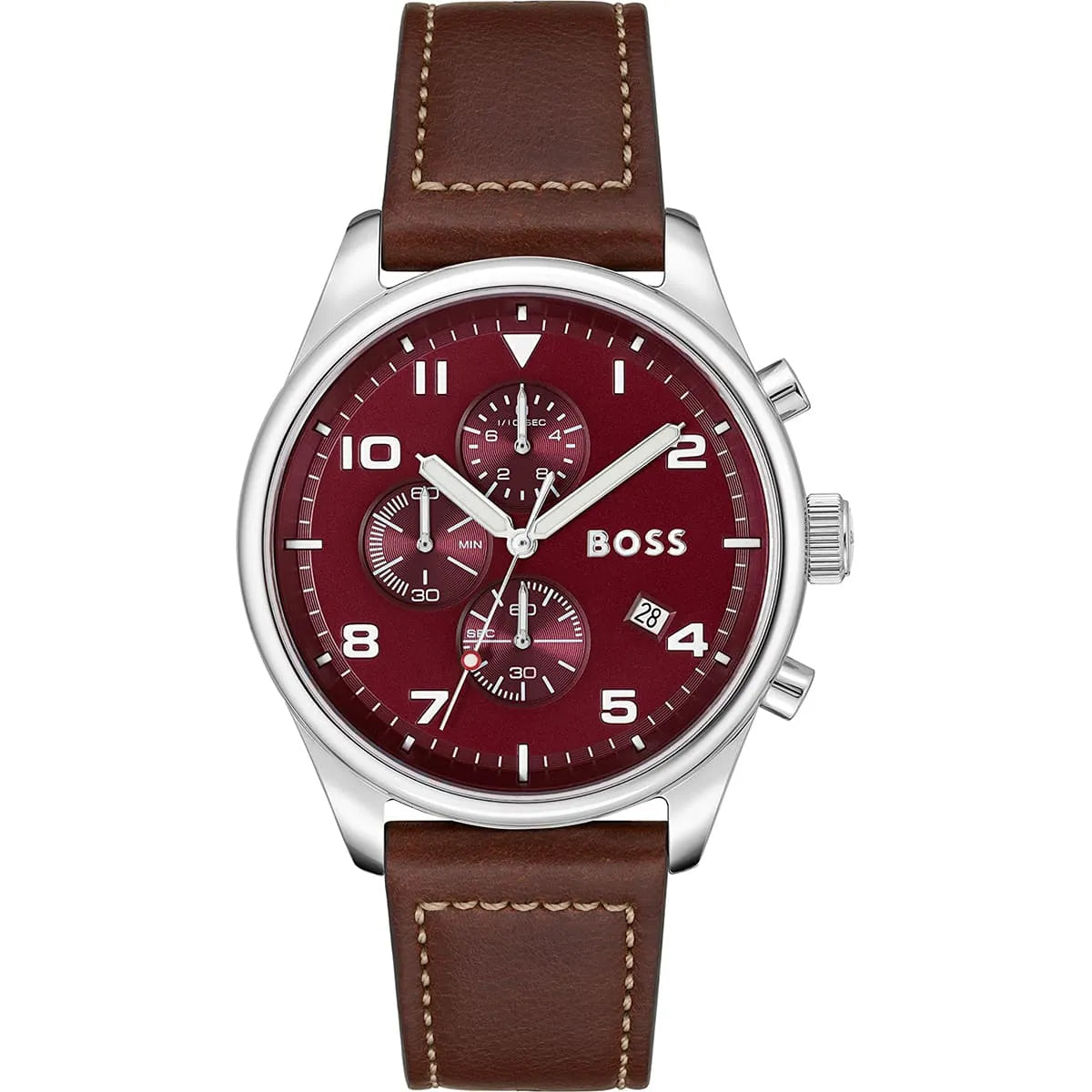 Hugo Boss View 1513988 Silver Case Red Dial Brown Leather Strap Men's Watch