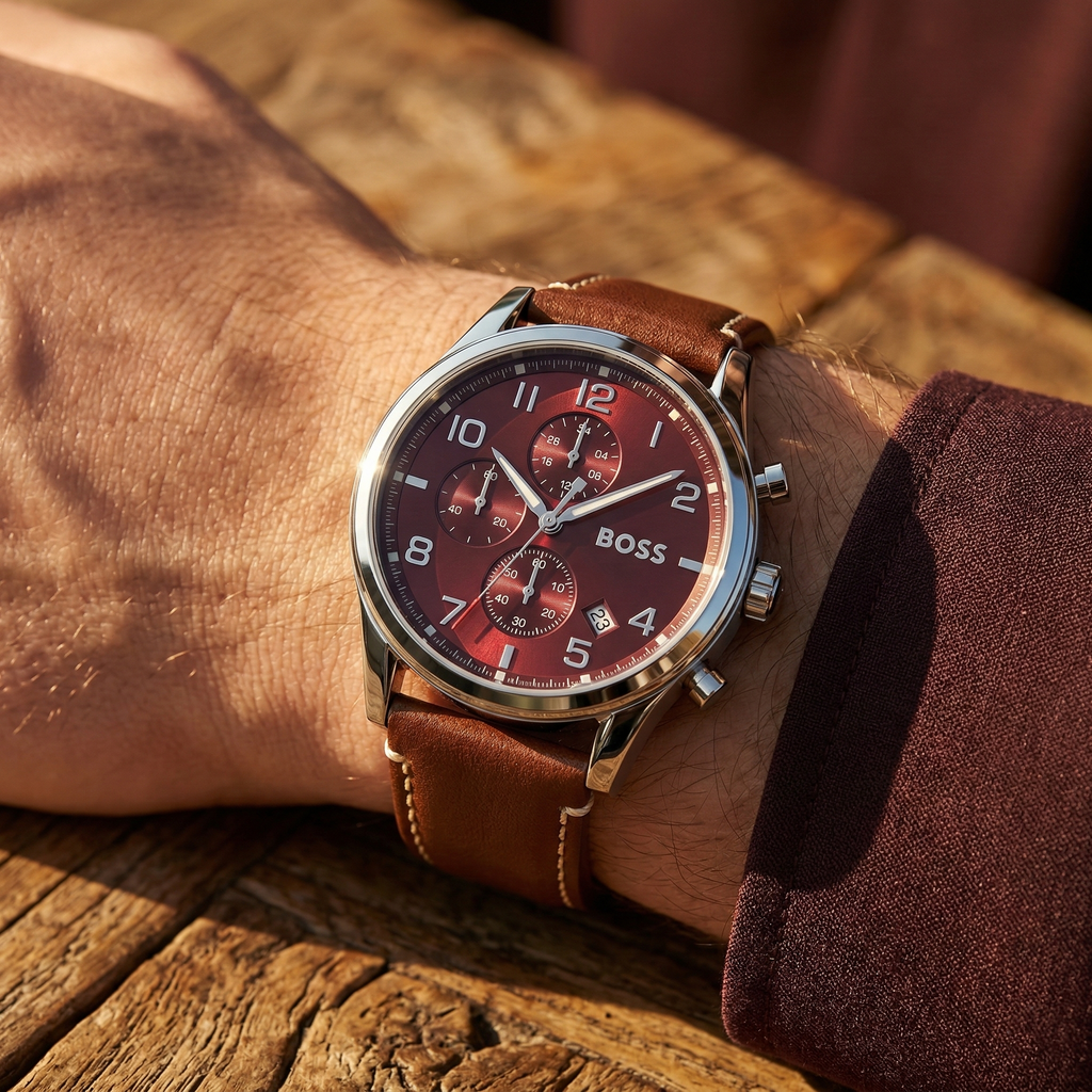 Hugo Boss View 1513988 Silver Case Red Dial Brown Leather Strap Men's Watch
