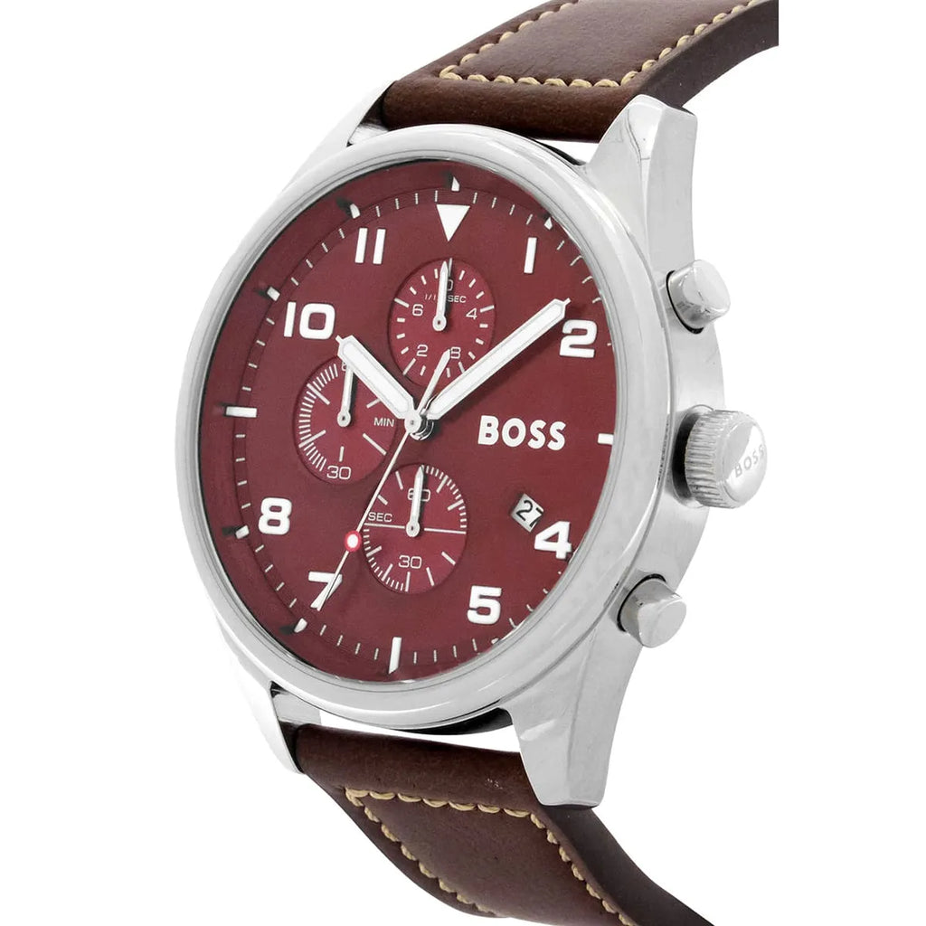 Hugo Boss View 1513988 Silver Case Red Dial Brown Leather Strap Men's Watch