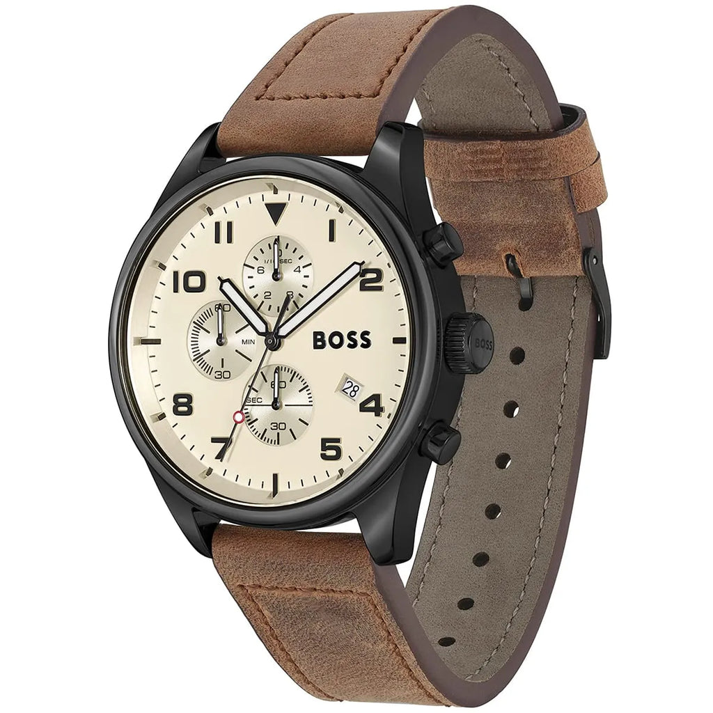 Hugo Boss View 1513990 Black Case Beige Dial Brown Leather Men's Watch
