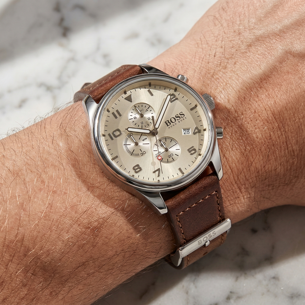 Hugo Boss View 1513990 Black Case Beige Dial Brown Leather Men's Watch