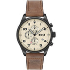 Hugo Boss View 1513990 Black Case Beige Dial Brown Leather Men's Watch