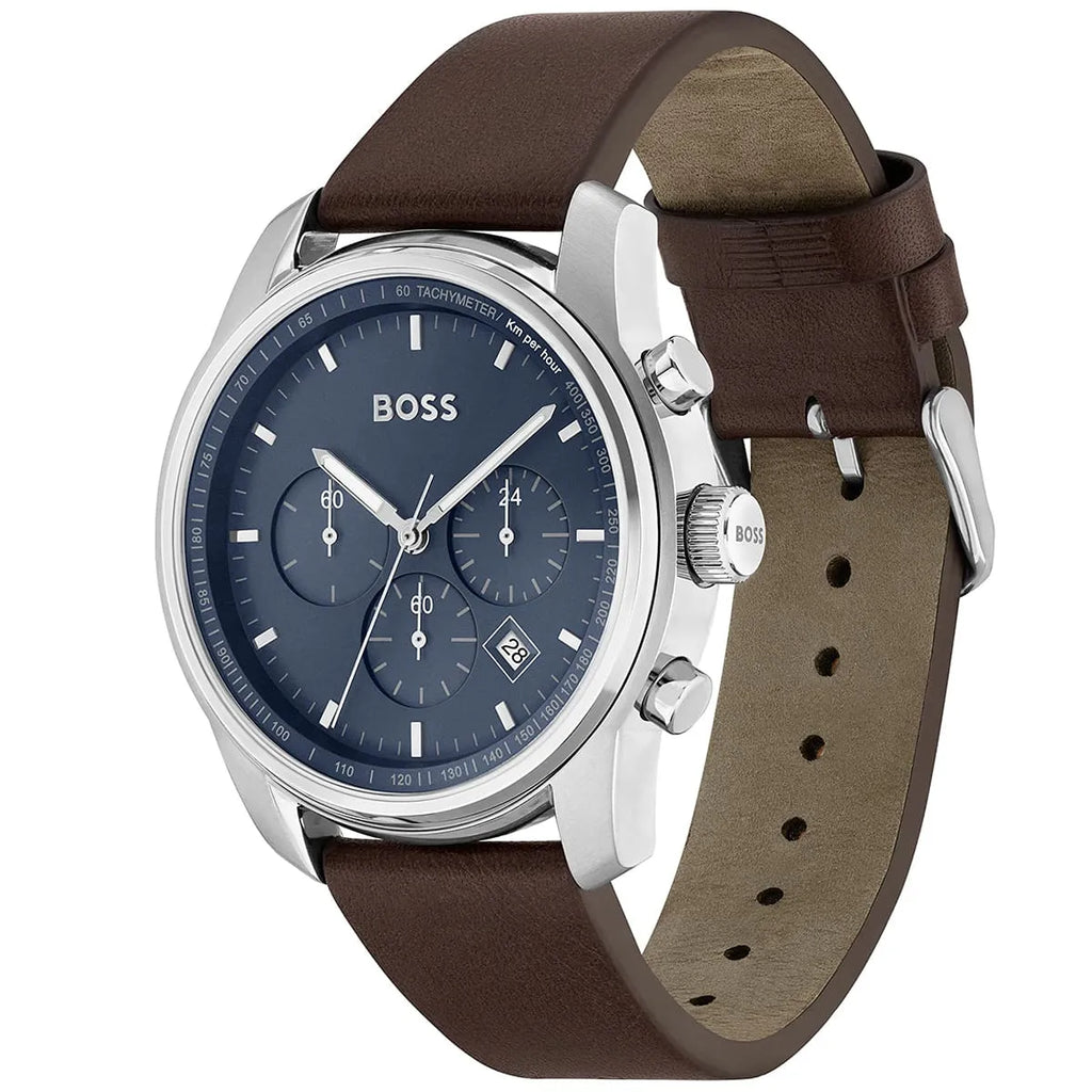 Hugo Boss Trace 1514002 Silver Case Blue Dial Brown Leather Men's Watch