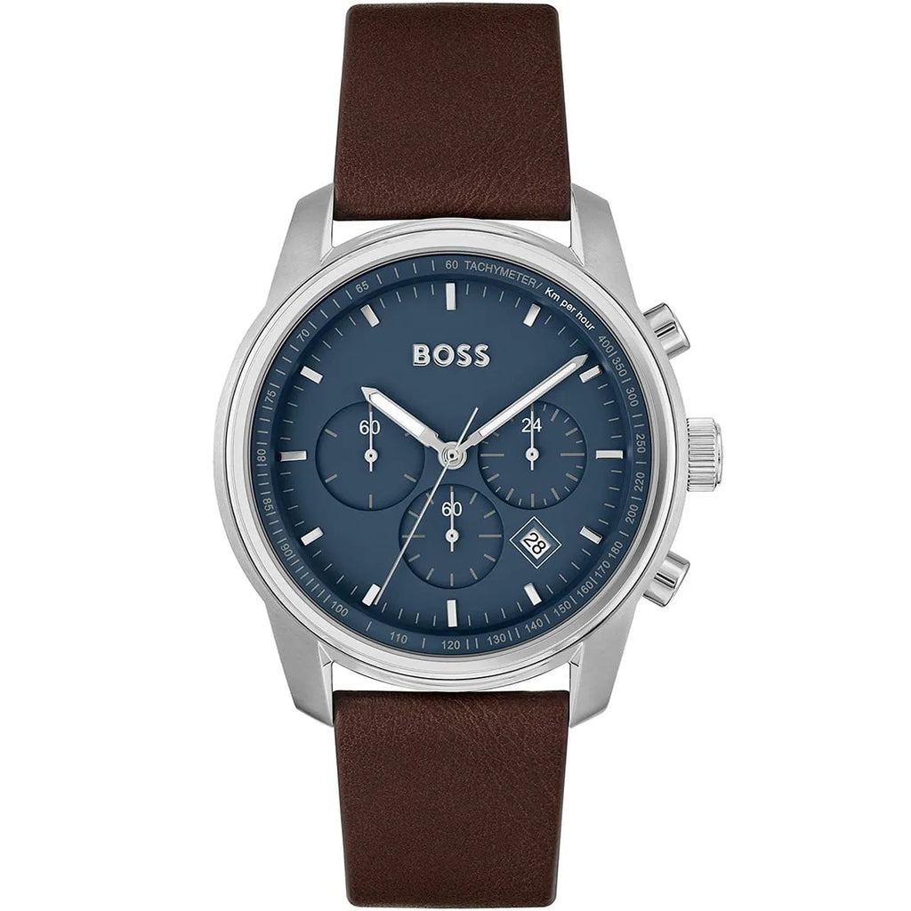 Hugo Boss Trace 1514002 Silver Case Blue Dial Brown Leather Men's Watch