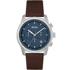 Hugo Boss Trace 1514002 Silver Case Blue Dial Brown Leather Men's Watch