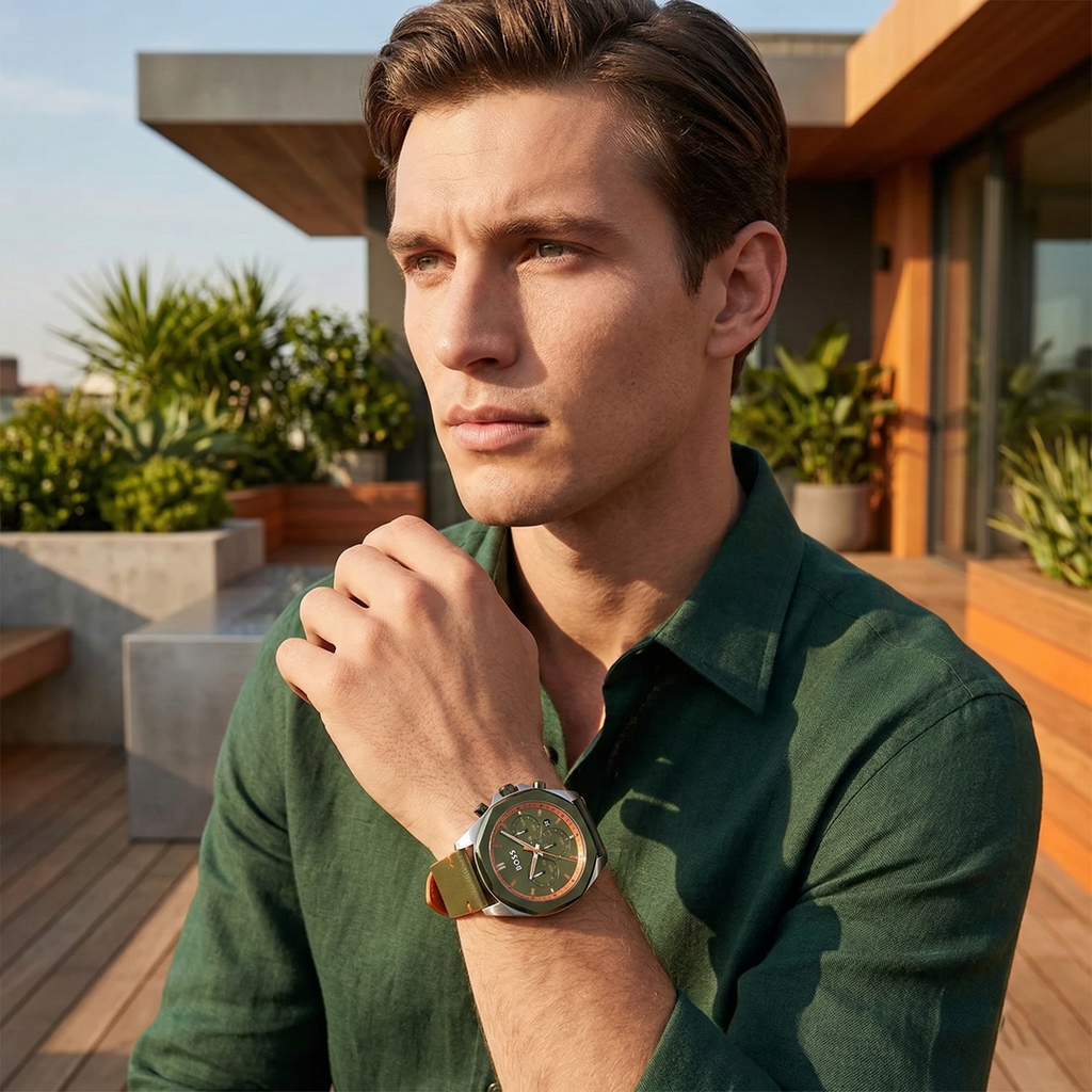 Hugo Boss Cloud 1514018 Silver Case Green Dial Green Leather Men's Watch