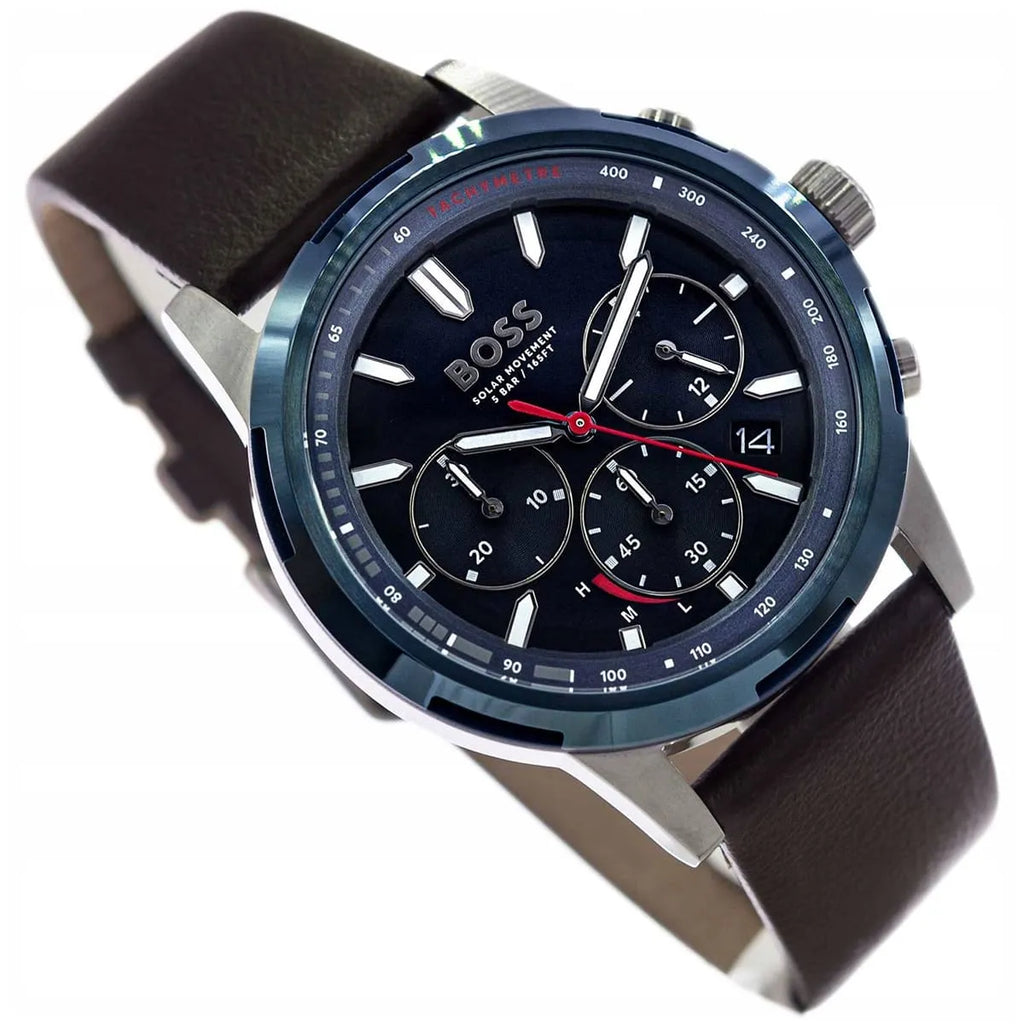 Hugo Boss Solgrade 1514030 Silver Case Blue Dial Brown Leather Men's Watch