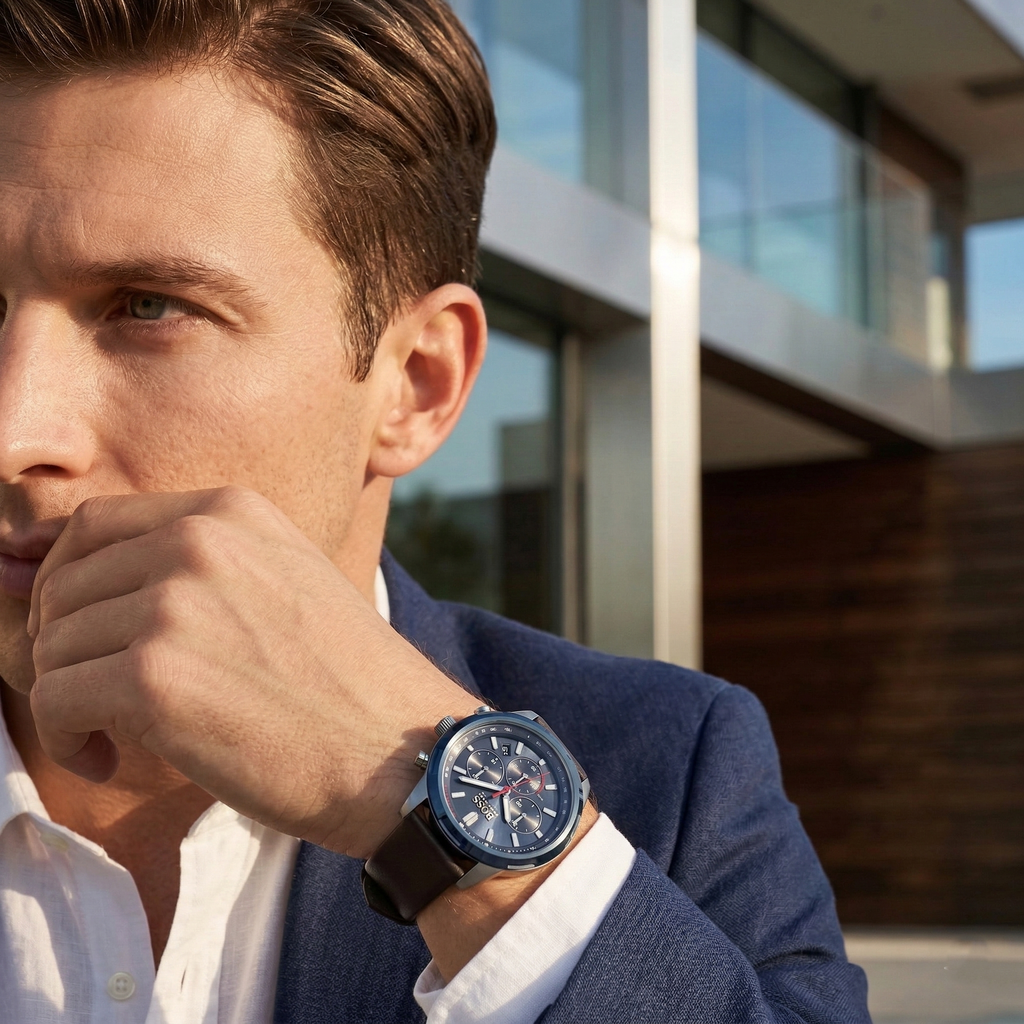 Hugo Boss Solgrade 1514030 Silver Case Blue Dial Brown Leather Men's Watch