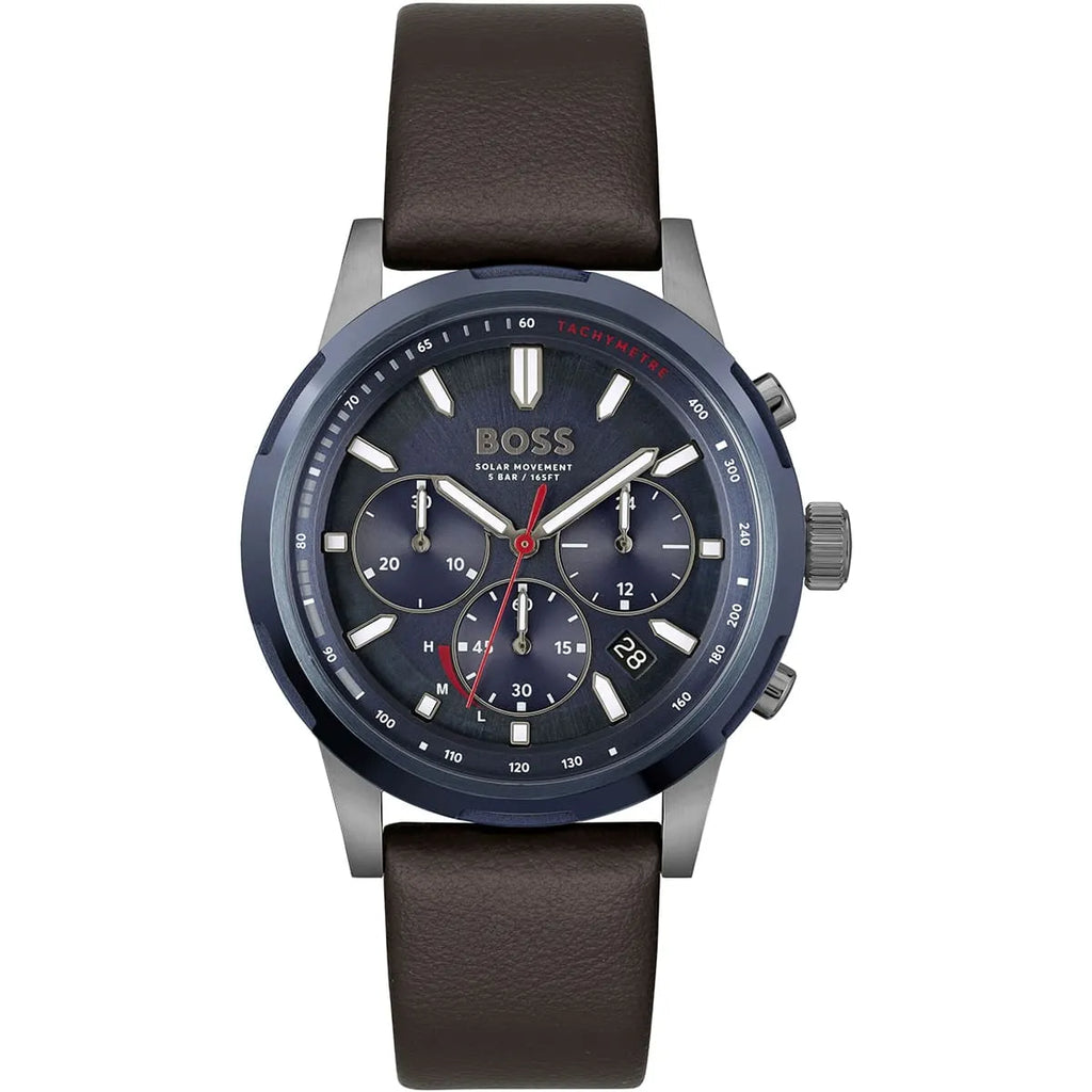 Hugo Boss Solgrade 1514030 Silver Case Blue Dial Brown Leather Men's Watch
