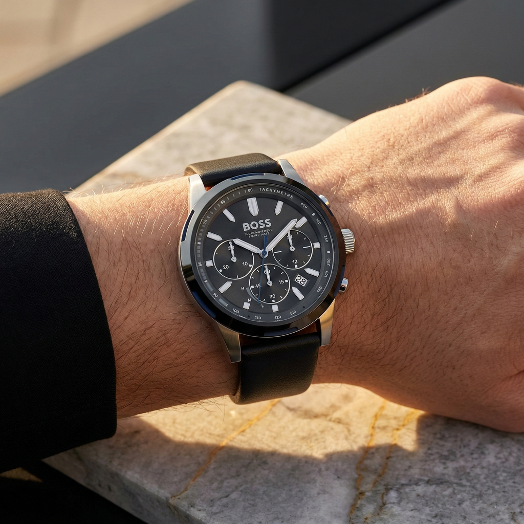 Hugo Boss Solgrade 1514031 Grey Case Black Dial Black Leather Men's Watch