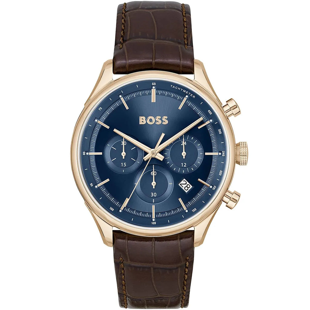 Hugo Boss Admiral 1514050 Full Gold Case Blue Dial Brown Leather Men's Watch