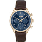 Hugo Boss Admiral 1514050 Full Gold Case Blue Dial Brown Leather Men's Watch