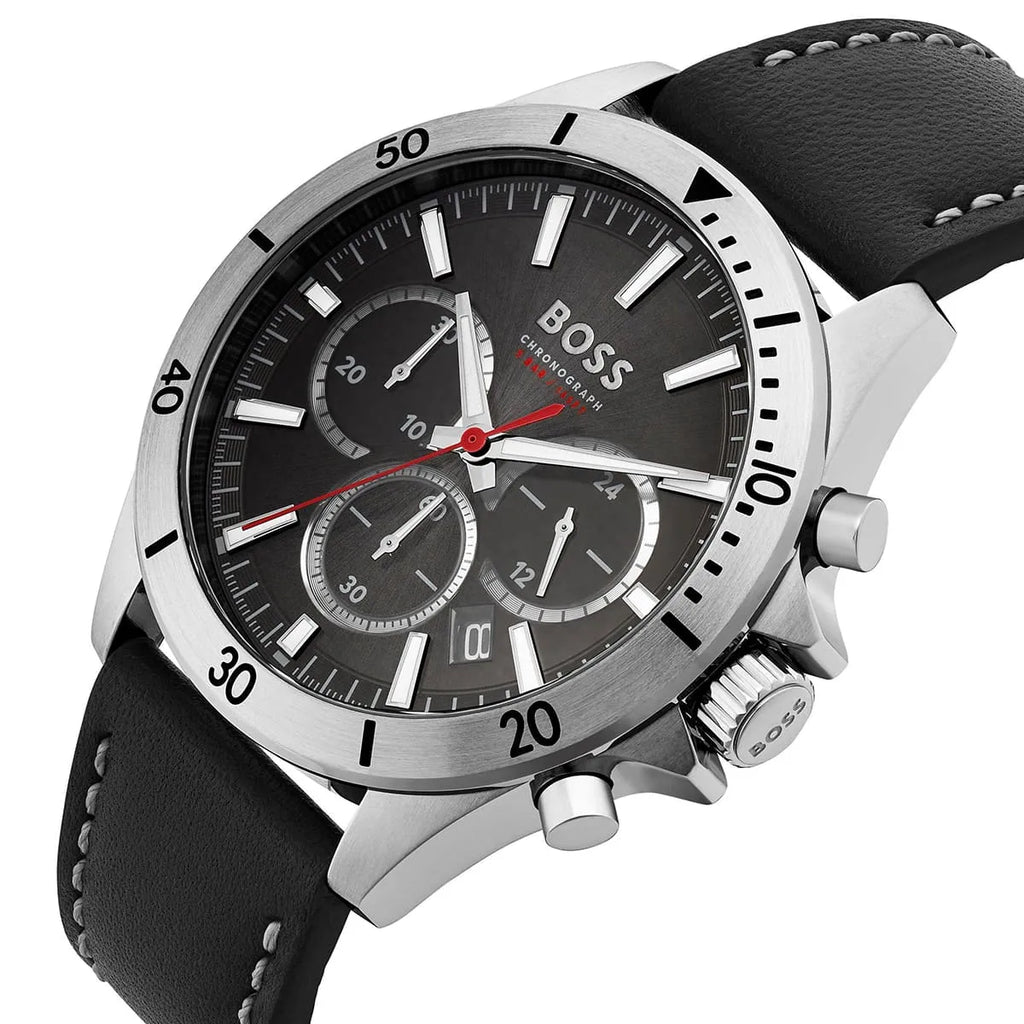 Hugo Boss Troper 1514055 Silver Case Black Dial Black Leather Men's Watch