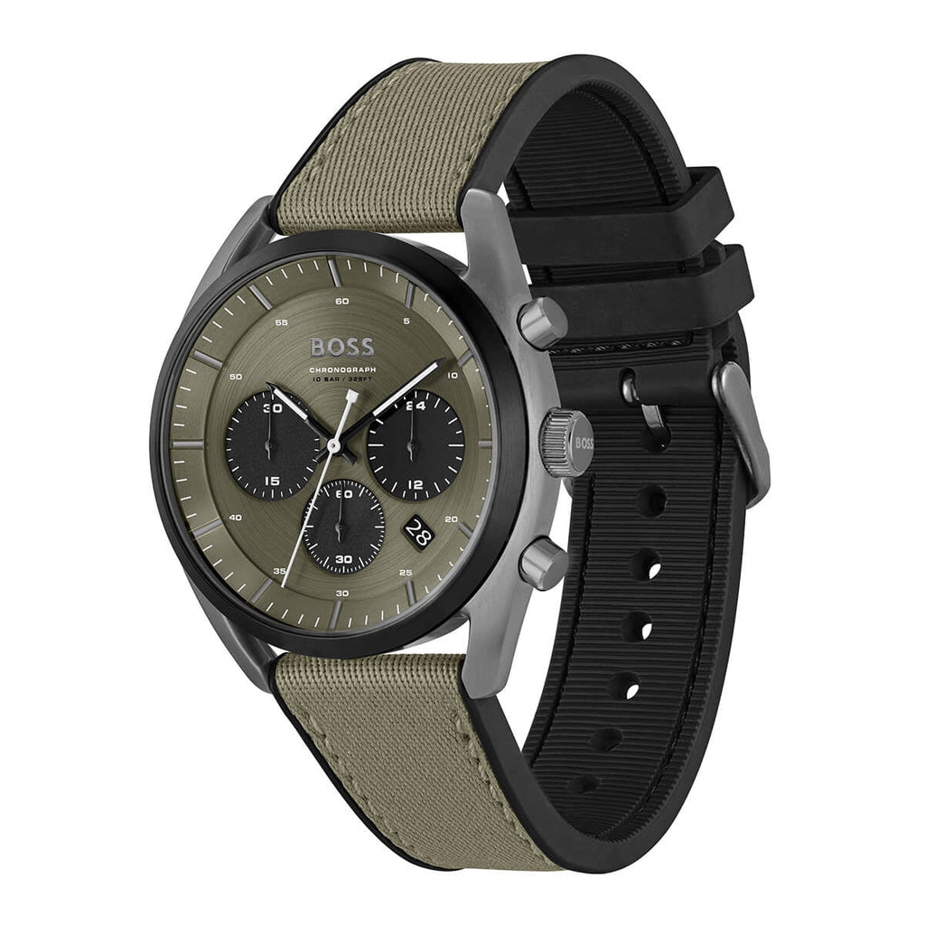Hugo Boss Top 1514092 Grey Ion-Plated Case Olive Green Dial Olive Canvas Men's Watch