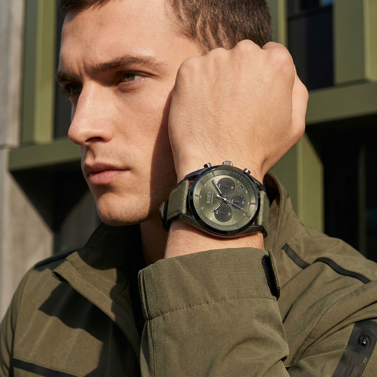 Hugo Boss Top 1514092 Grey Ion-Plated Case Olive Green Dial Olive Canvas Men's Watch