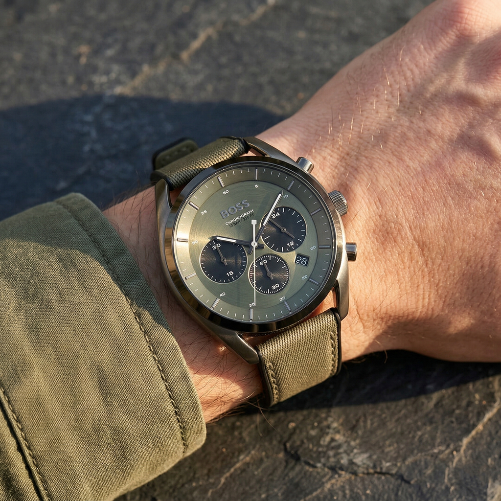 Hugo Boss Top 1514092 Grey Ion-Plated Case Olive Green Dial Olive Canvas Men's Watch