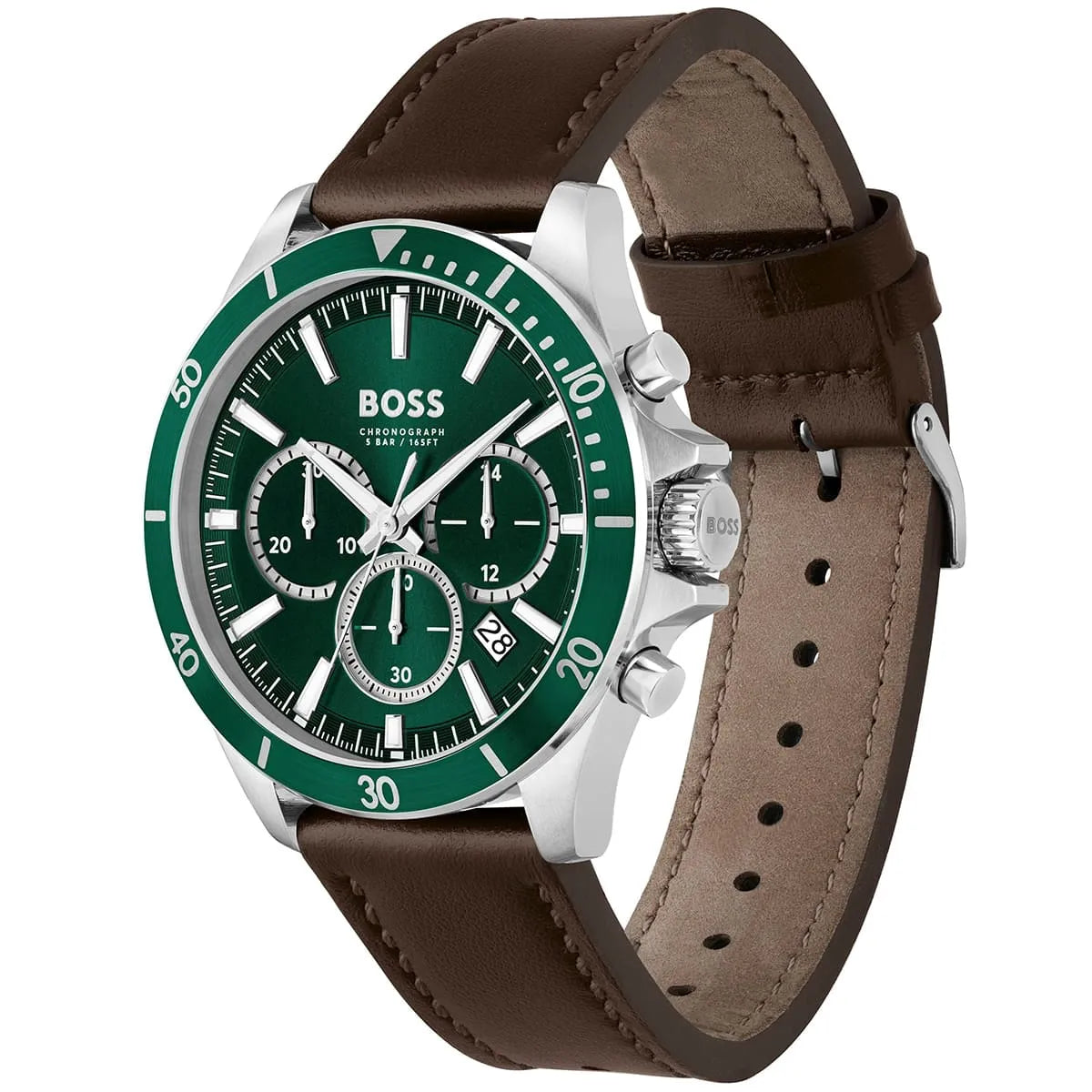 Hugo Boss Troper 1514098 Silver Case Green Dial Brown Leather Men's Watch