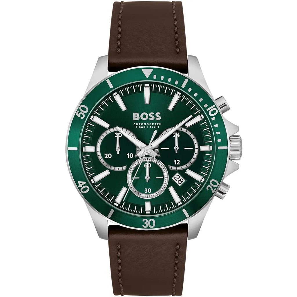 Hugo Boss Troper 1514098 Silver Case Green Dial Brown Leather Men's Watch