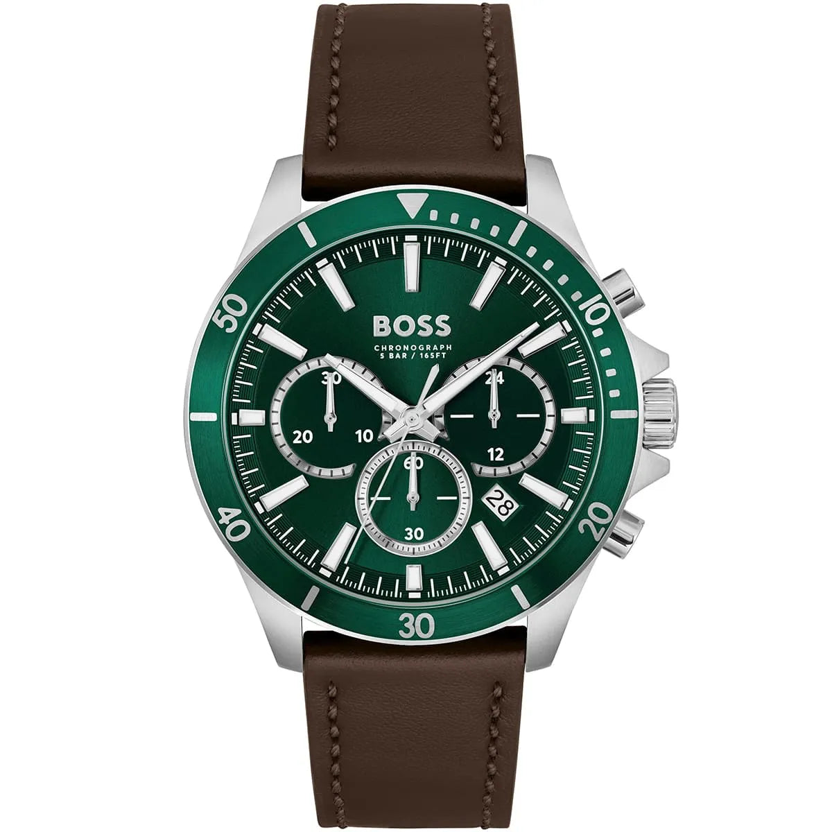 Hugo Boss Troper 1514098 Silver Case Green Dial Brown Leather Men's Watch