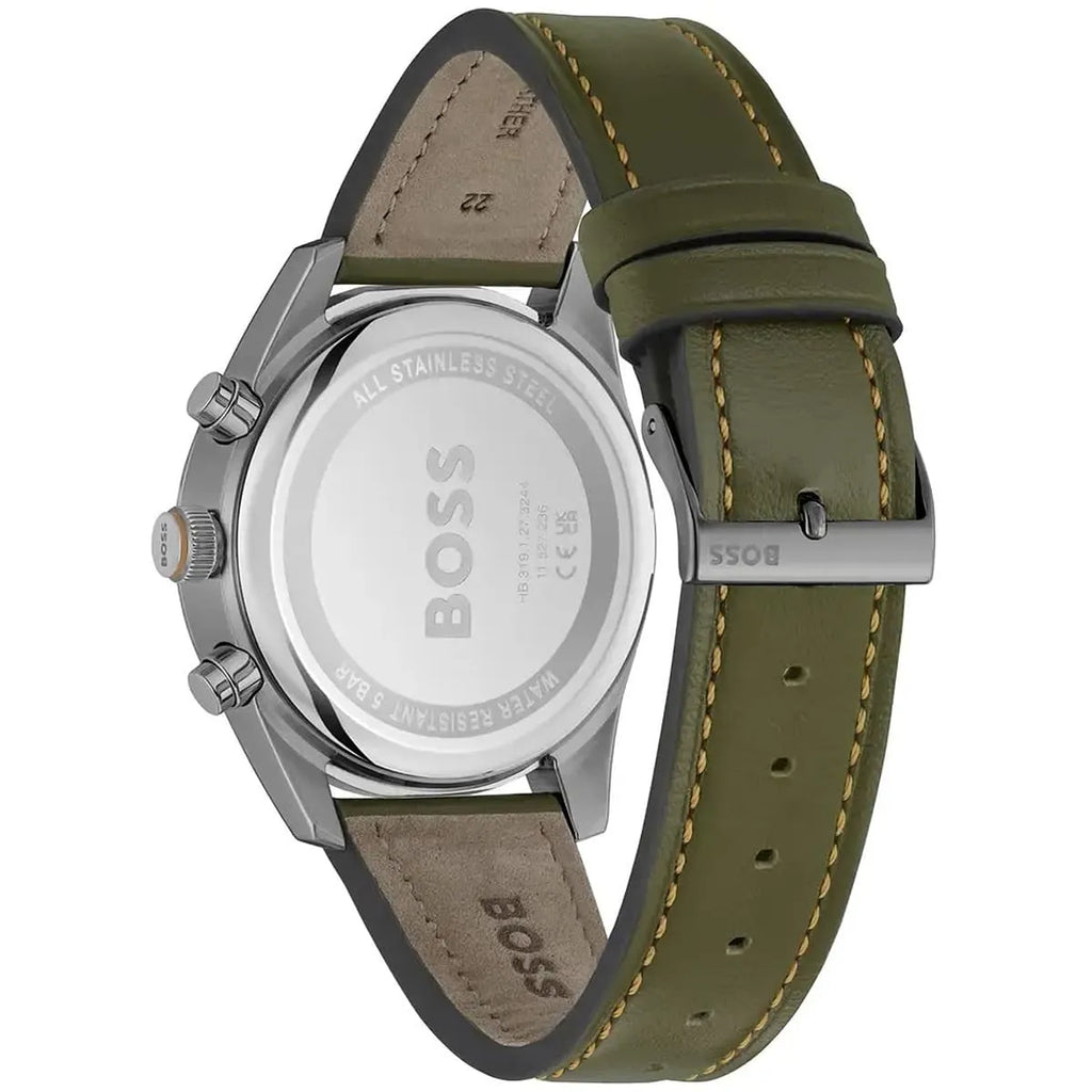 Hugo Boss Sky Traveller 1514148 Silver Case Black Dial Green Leather Men's Watch