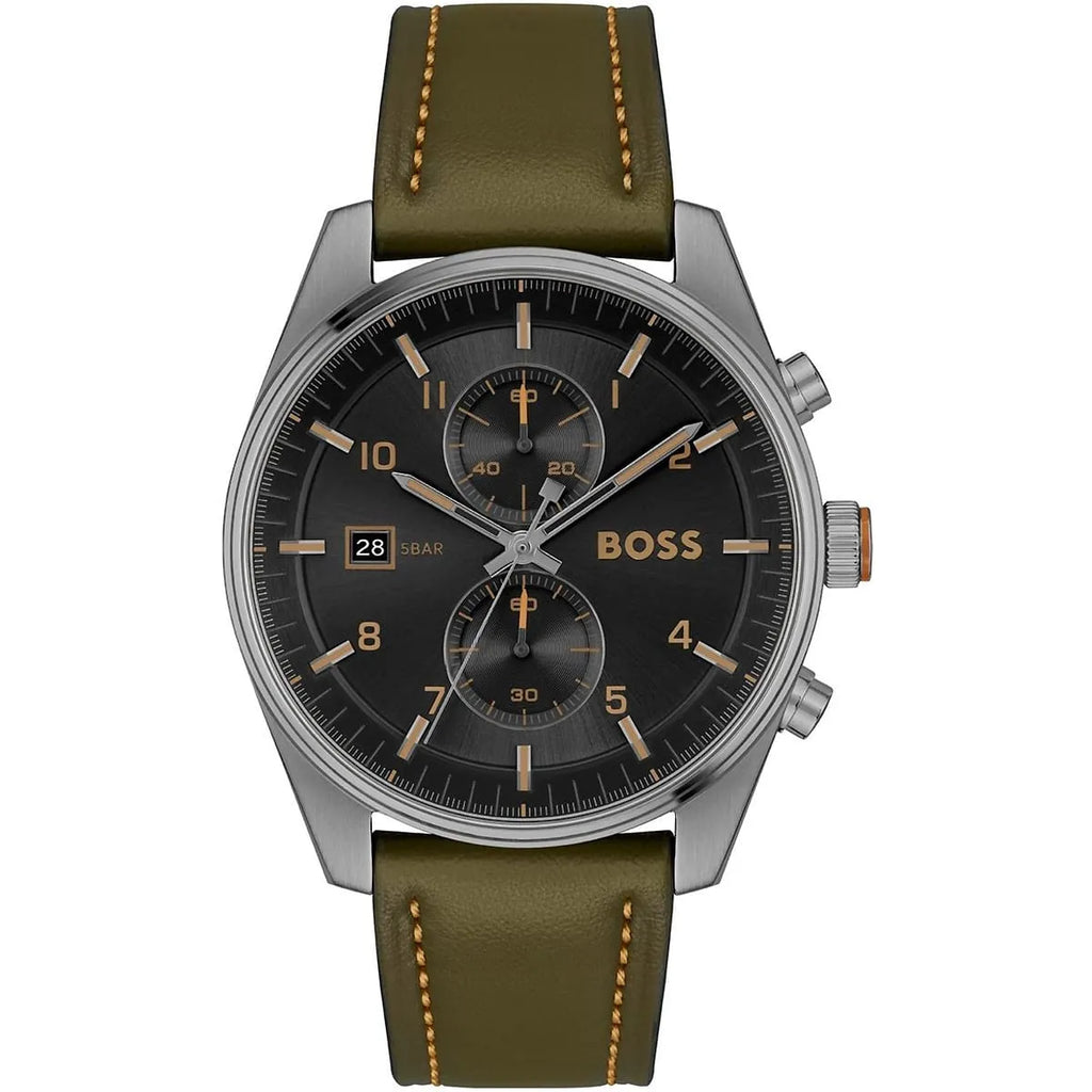 Hugo Boss Sky Traveller 1514148 Silver Case Black Dial Green Leather Men's Watch